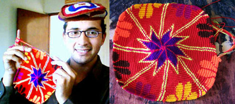 Harry Khan and his unfinished tapestry crochet piece.